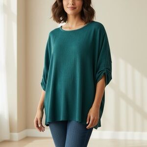 Max Studio NWT Womens Crinkle Jersey Cinched Sleeve Knit Top Teal 1X